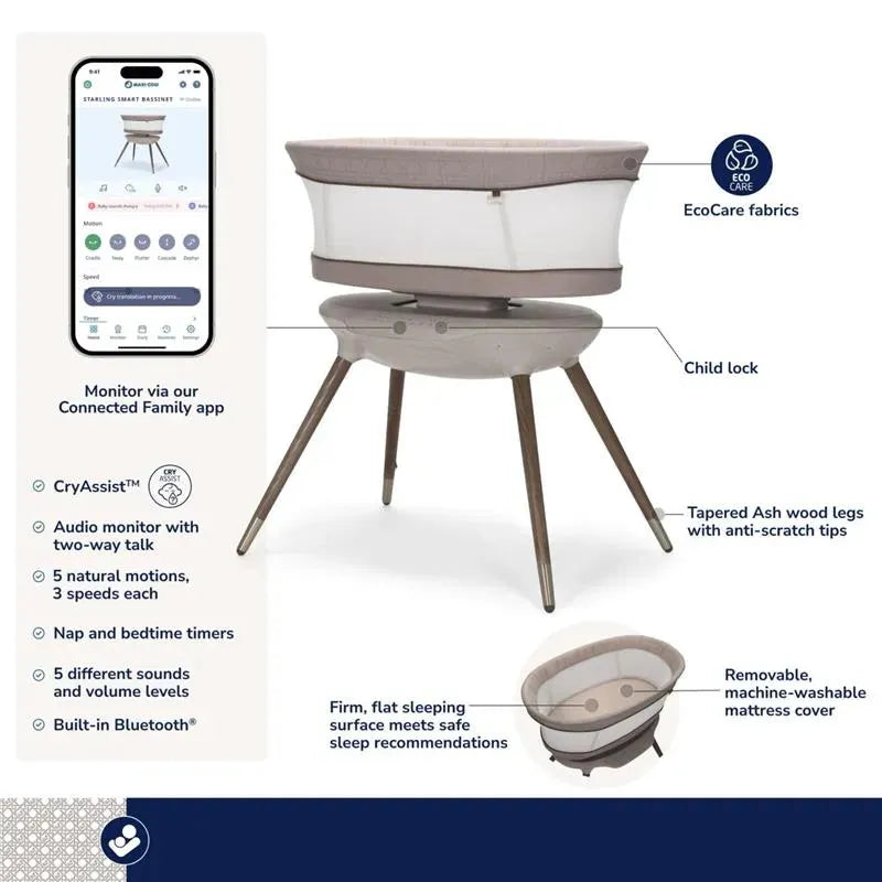 Maxi-Cosi Starling Smart Bassinet from the Kindred Collection in Natural Heritage with app connectivity features and safety details.