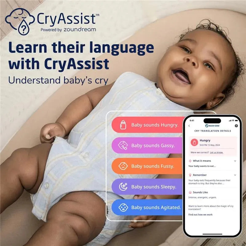 Smart bassinet advertisement featuring a smiling baby, showcasing CryAssist app translations for various baby cries.