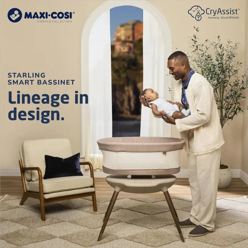 Maxi-Cosi Starling Smart Bassinet in Natural Heritage, featuring a parent holding a baby, with text highlighting its design lineage.