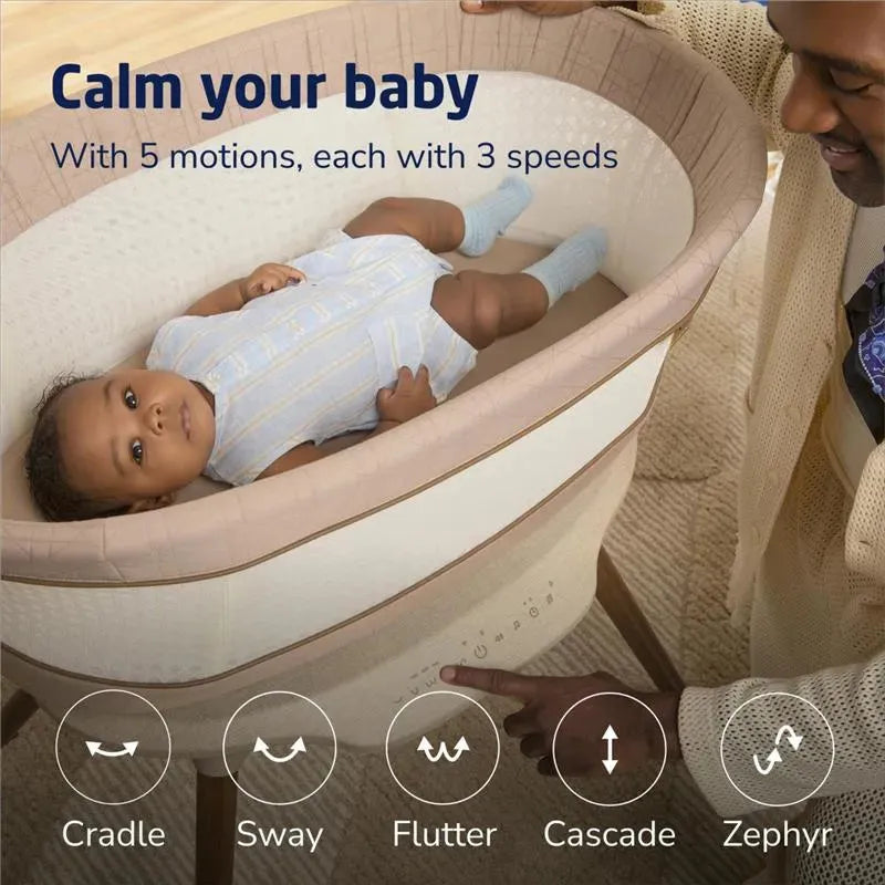 Maxi-Cosi Starling Smart Bassinet with a baby calm inside, showcasing motion options: Cradle, Sway, Flutter, Cascade, and Zephyr.