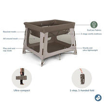 Maxi-Cosi Swift Baby Playard in Truffle, featuring an all-around mesh design, bassinet mode, and ultra-compact fold for easy transport.