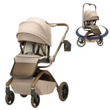 Maxi-Cosi Tana 360 Rotating Modular Stroller in Natural Heritage, featuring a beige fabric seat, adjustable canopy, and a sleek design with a wooden frame.