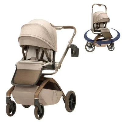 Maxi-Cosi Tana 360 Rotating Modular Stroller in Natural Heritage, featuring a beige fabric seat, adjustable canopy, and a sleek design with a wooden frame.