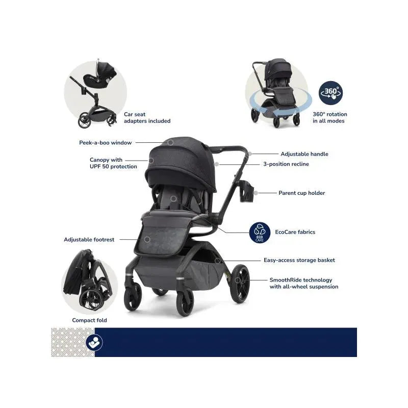 Maxi-Cosi Tana 360 Rotating Modular Stroller in Onyx Heritage with features like a adjustable handle, from multiple angles with visible labels.