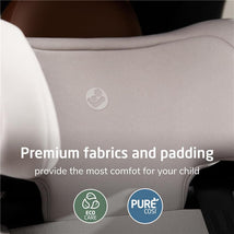 Maxi-Cosi Tanza Folding Belt-Positioning Booster Car Seat features premium fabrics and padding for child comfort, with Eco Care and Pure Cosi logos.