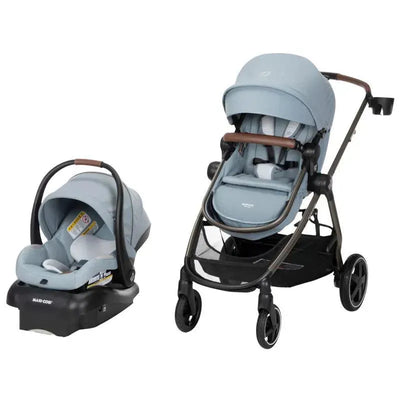 Maxi-Cosi Zelia 2 Luxe 5-in-1 Modular Travel System in New Hope Grey, featuring a stroller and infant car seat.