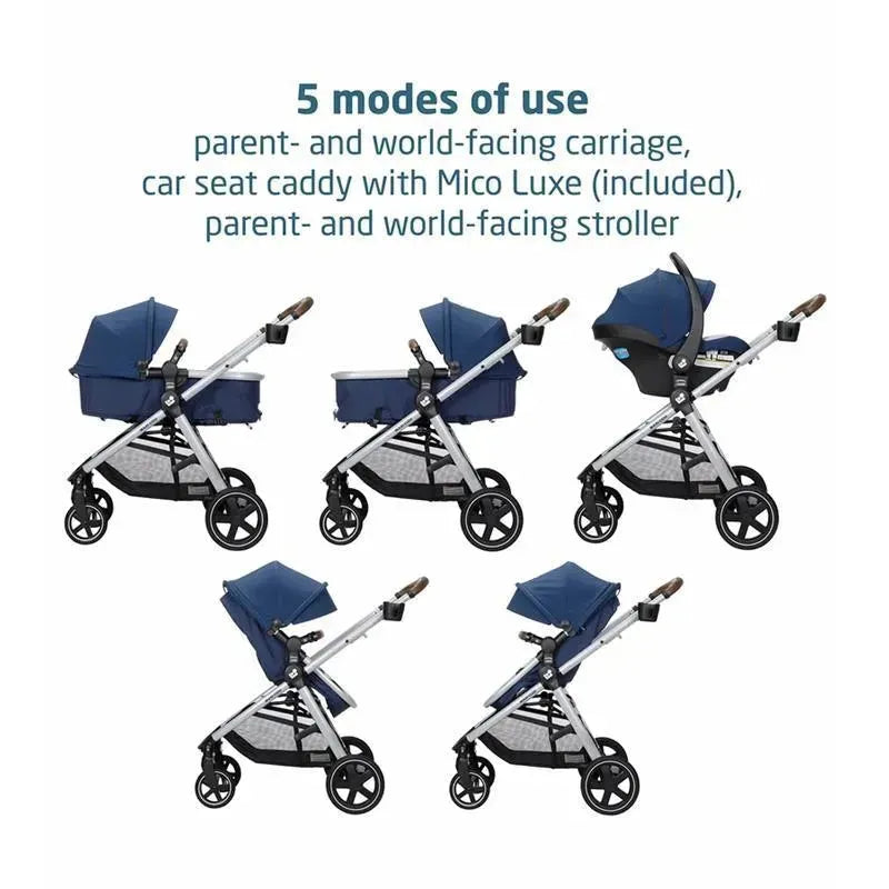 Maxi-Cosi Zelia 2 Luxe 5-in-1 Modular Travel System in New Hope Navy, showcasing five usage modes including stroller and car seat.