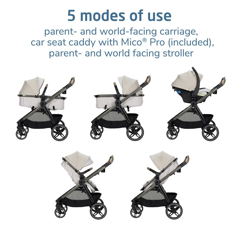 Maxi-Cosi Zelia Pro 5-in-1 Travel System in Classic Oat showing five configurations: carriage, car seat caddy, and stroller modes.