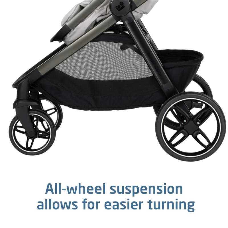 Maxi-Cosi Zelia Pro 5-in-1 Travel System in Classic Oat, featuring all-wheel suspension for easier maneuverability.