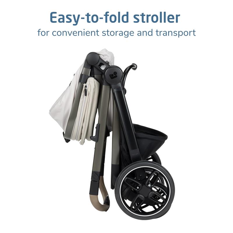 Easy-to-fold stroller in Classic Oat color, designed for convenient storage and transport, showing a compact profile.