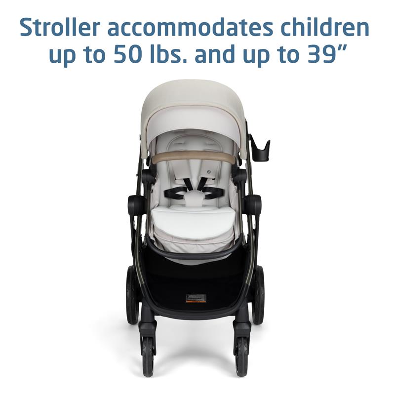 Maxi-Cosi Zelia Pro 5-in-1 Travel System in Classic Oat, featuring a stroller that seats children up to 50 lbs and 39”.
