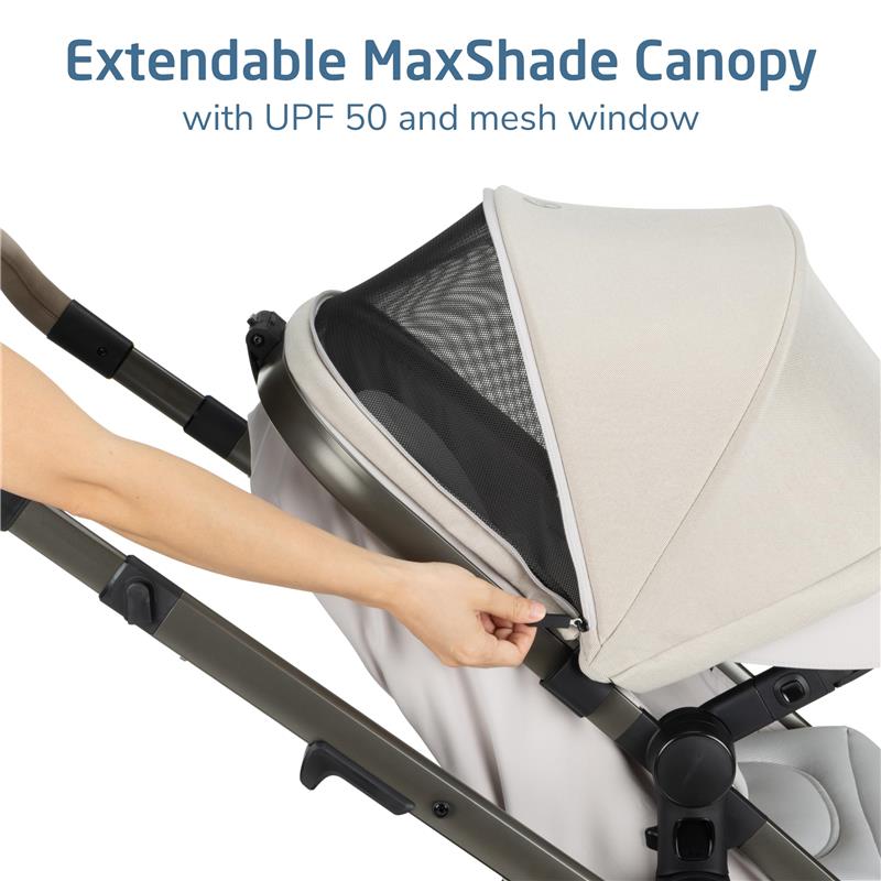 Extendable MaxShade Canopy on the Maxi-Cosi Zelia Pro travel system; features UPF 50 and a mesh window.