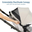 Extendable MaxShade Canopy on the Maxi-Cosi Zelia Pro travel system; features UPF 50 and a mesh window.