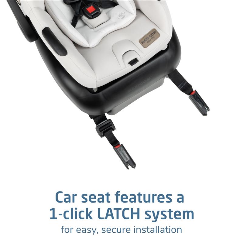 Car seat in Classic Oat color with 1-click LATCH system highlighted for easy, secure installation.