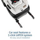 Car seat in Classic Oat color with 1-click LATCH system highlighted for easy, secure installation.