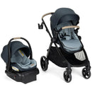 Maxi-Cosi Zelia Pro 5-in-1 Travel System in SeaScape, featuring a stroller and infant car seat with a dark blue design.