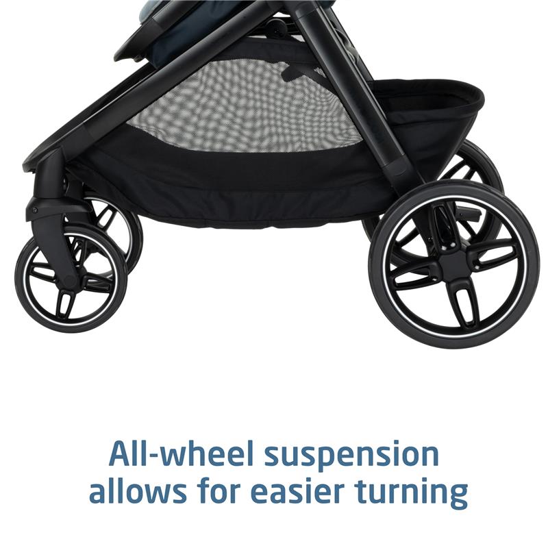 Maxi-Cosi Zelia Pro 5-in-1 travel system showing its all-wheel suspension feature for easier turning.