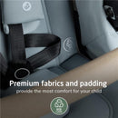 Maxi-Cosi Zelia Pro 5-in-1 Travel System seat details featuring premium fabrics, padding, and Eco Care logo.