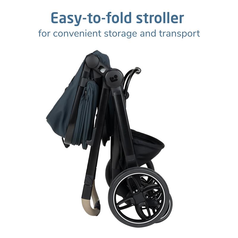 Maxi-Cosi Zelia Pro 5-in-1 Travel System stroller in SeaScape, shown in a folded position for easy storage and transport.