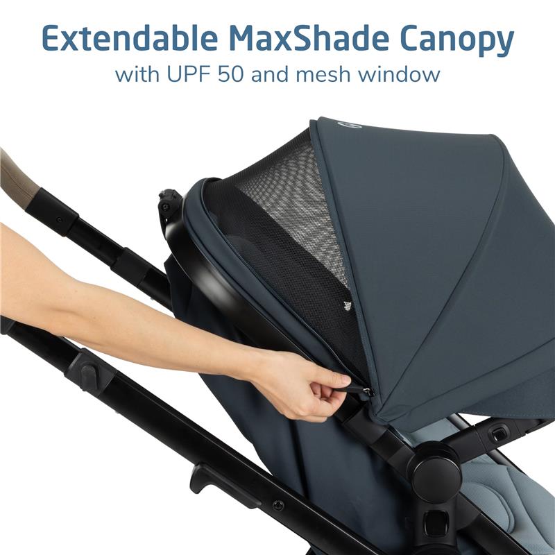 Extendable MaxShade canopy of the Maxi-Cosi Zelia Pro travel system, showcasing UPF 50 protection and mesh window.