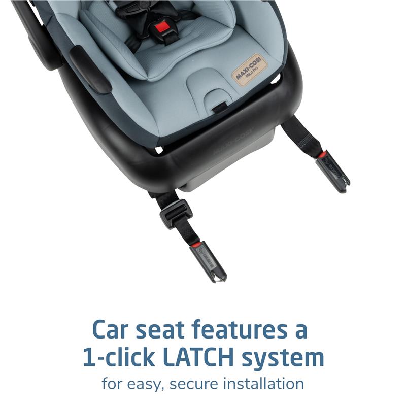 Maxi-Cosi Zelia Pro 5-in-1 travel system car seat in SeaScape color, featuring a 1-click LATCH system for easy installation.