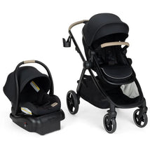 Maxi-Cosi Zelia Pro 5-in-1 travel system in Caspian Caviar with Mico Pro infant car seat and stroller.