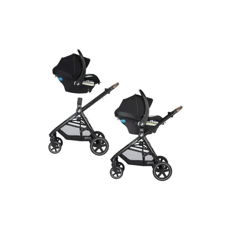 Maxi-Cosi Zelia2 Luxe 5-in-1 Modular Travel System in New Hope Black, featuring two car seats attached to strollers.
