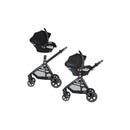 Maxi-Cosi Zelia2 Luxe 5-in-1 Modular Travel System in New Hope Black, featuring two car seats attached to strollers.