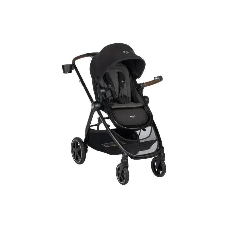 Maxi-Cosi Zelia2 Luxe 5-in-1 Modular Travel System in New Hope Black, featuring a stroller with a canopy and adjustable handle.