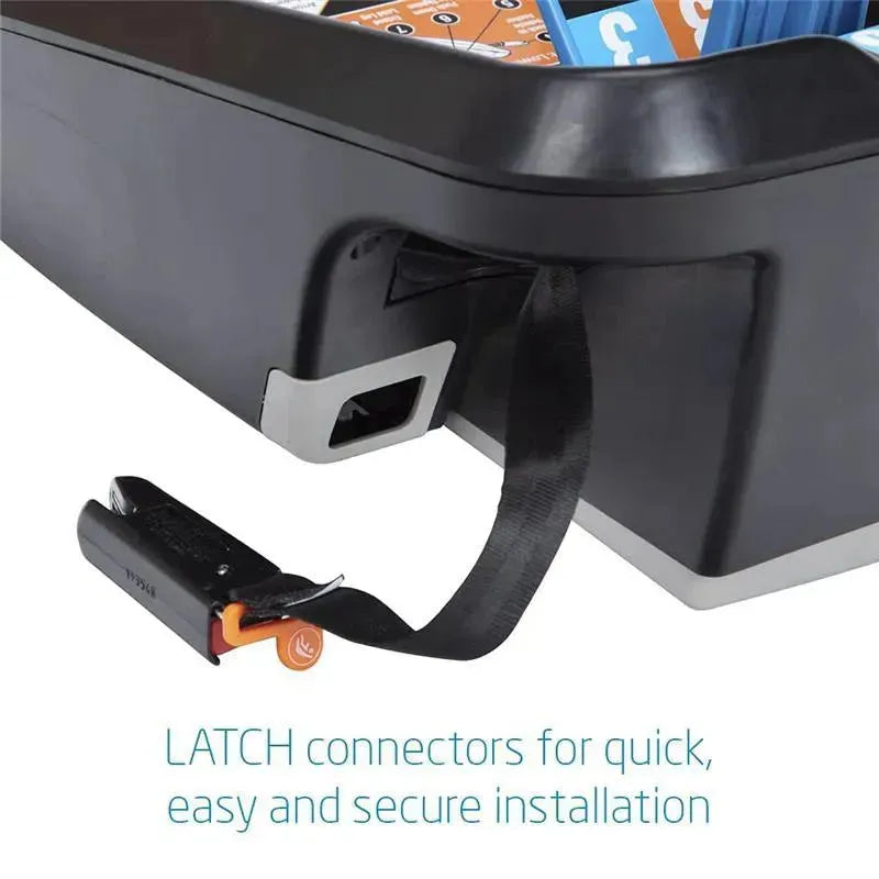Maxi-Cosi infant car seat base in black featuring LATCH connectors for easy and secure installation.