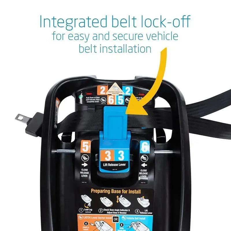 Maxi-Cosi infant car seat base in black, featuring integrated belt lock-off for secure vehicle belt installation.