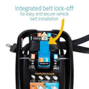Maxi-Cosi infant car seat base in black, featuring integrated belt lock-off for secure vehicle belt installation.