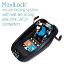 Maxi-Cosi Infant Car Seat Base in black, featuring a secure locking system and one-click LATCH connectors with clear installation instructions.