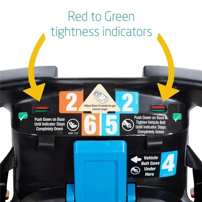 Maxi-Cosi infant car seat base with indicators showing red to green tightness status, and usage instructions for secure installation.