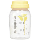 Breast milk collection and storage bottle by Medela, featuring a yellow lid and measurement markings, designed for easy use.