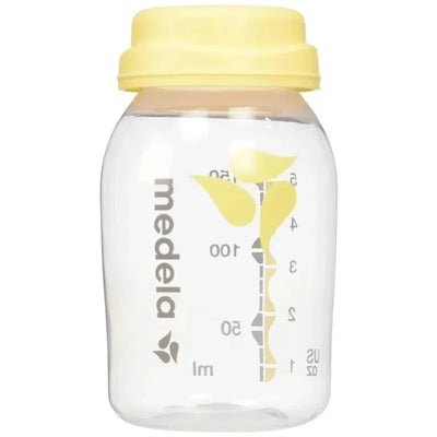Breast milk collection and storage bottle by Medela, featuring a yellow lid and measurement markings, designed for easy use.