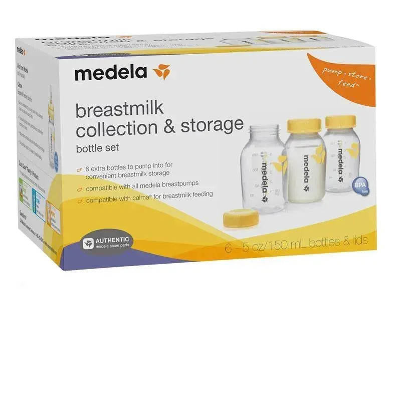 6-pack of Medela breastmilk collection and storage bottles, 5 oz each, with compatible lids for breastpumps and feeding.