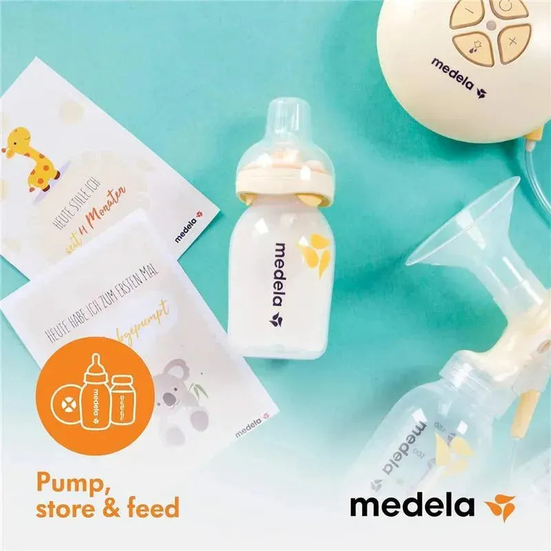 Breast milk collection and storage bottles by Medela, featuring a clear bottle with a lid, a breast pump, and informational cards.