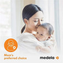 Mother cuddles her baby, promoting Medela as the preferred choice for breastfeeding products.
