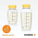 Breast milk collection and storage bottles by Medela, featuring yellow caps and measurement markings, labeled shatter-proof.