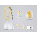 Hands-free electric breast pump components: a Medela pump with control unit, two breast shields, tubing, and a USB charger.