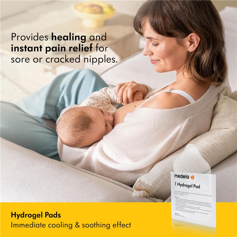 Hydrogel pads by Medela provide instant pain relief for sore or cracked nipples, shown with a mother breastfeeding.