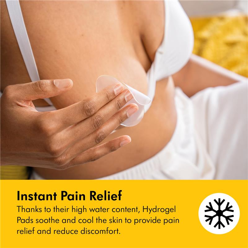 Hydrogel pads being applied to soothe and cool skin for instant pain relief, text highlighting product benefits below.
