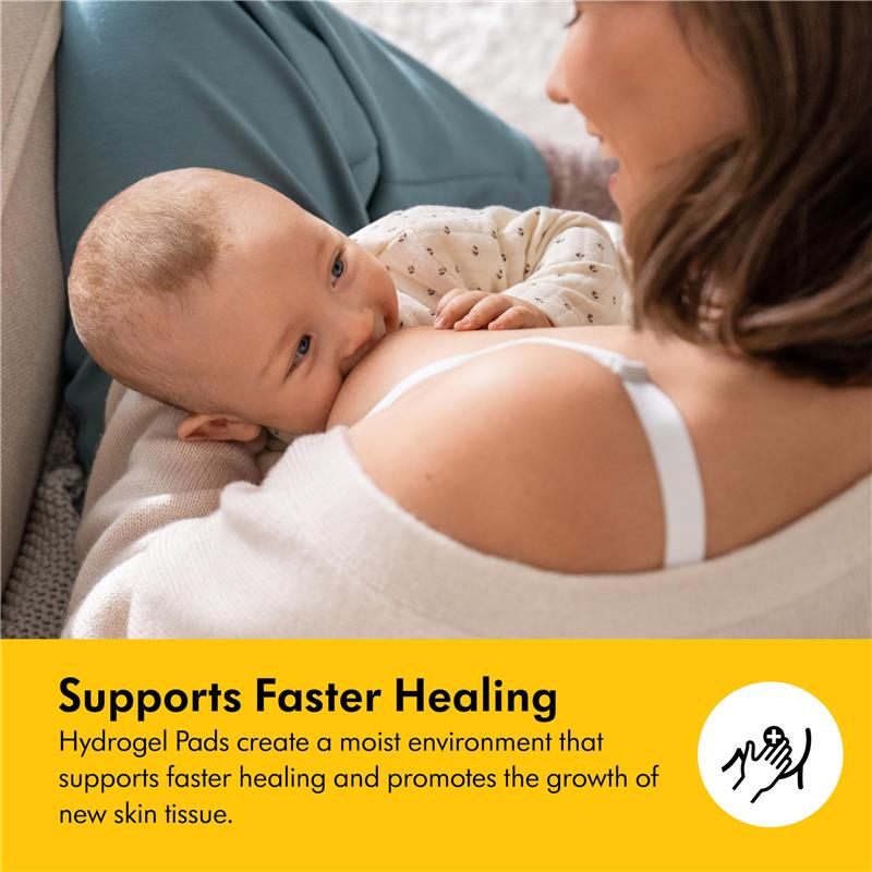 Hydrogel pads used by a mother while breastfeeding her baby, promoting faster healing and new skin tissue growth.