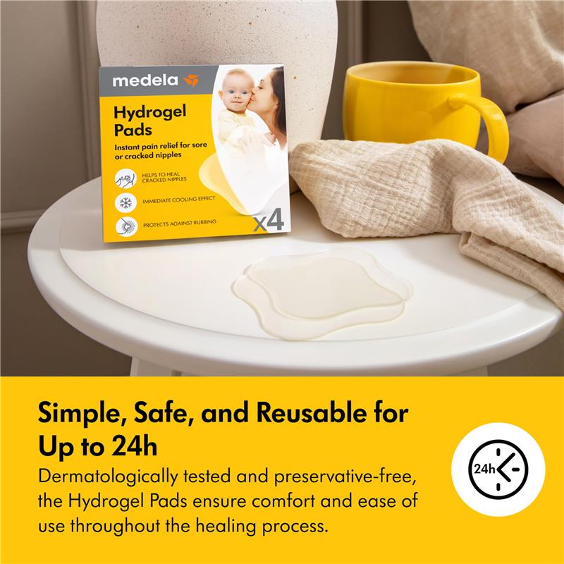 Medela Hydrogel Pads box with four pads displayed on a table, featuring benefits for sore nipples. Sentences about safety and reusability included.