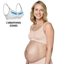 Seamless beige pregnancy bra on a smiling pregnant woman, highlighting its two breathable zones for comfort.
