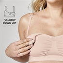 Seamless chai pregnancy bra with full drop-down cup feature, showcased by a woman adjusting the strap.