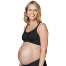 Black maternity and nursing bra modeled by a smiling pregnant woman, showcasing its comfortable design and fit.