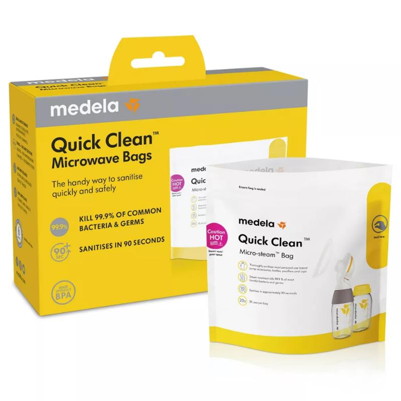 Medela Quick Clean Micro Steam Bags package with text highlighting sanitizing efficacy against bacteria and germs.