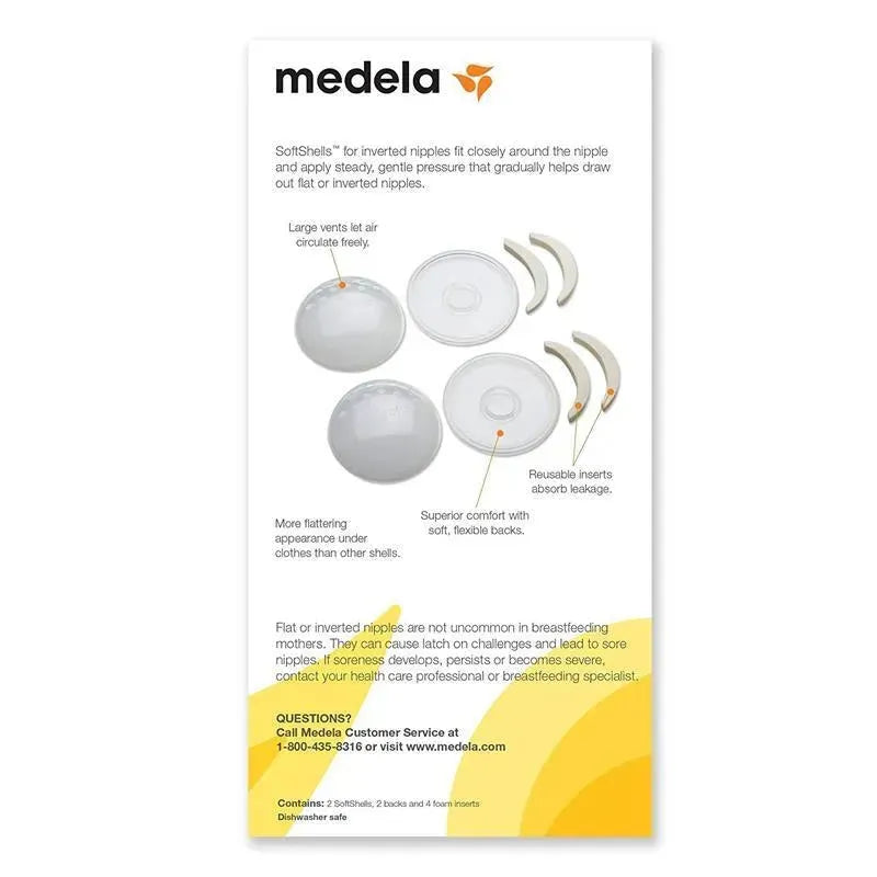 SoftShells breast shells by Medela, designed for inverted nipples, shown with inserts and features like air vents and flexible backs.